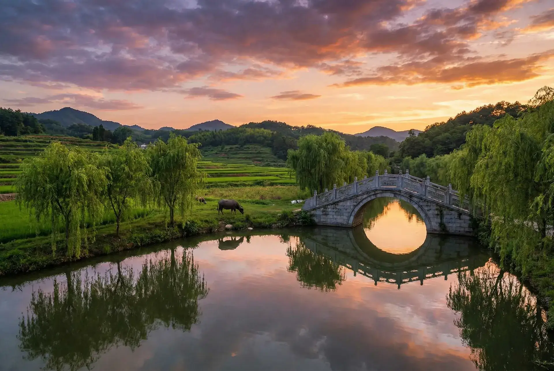 夕阳下的石拱桥与垂柳，水牛在河边吃草 - 福引导绿巨人APP网址进入 乡村美景